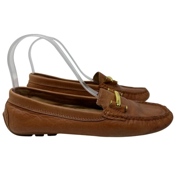 Lauren Ralph Lauren Caliana Tan Leather Gold Detail Driver Moccasins Size 7.5B - Picture 1 of 13
